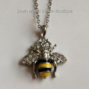 Silver Tone Crystal Bumble Bee Necklace 18" Yellow Black Enamel 16-18" Insect